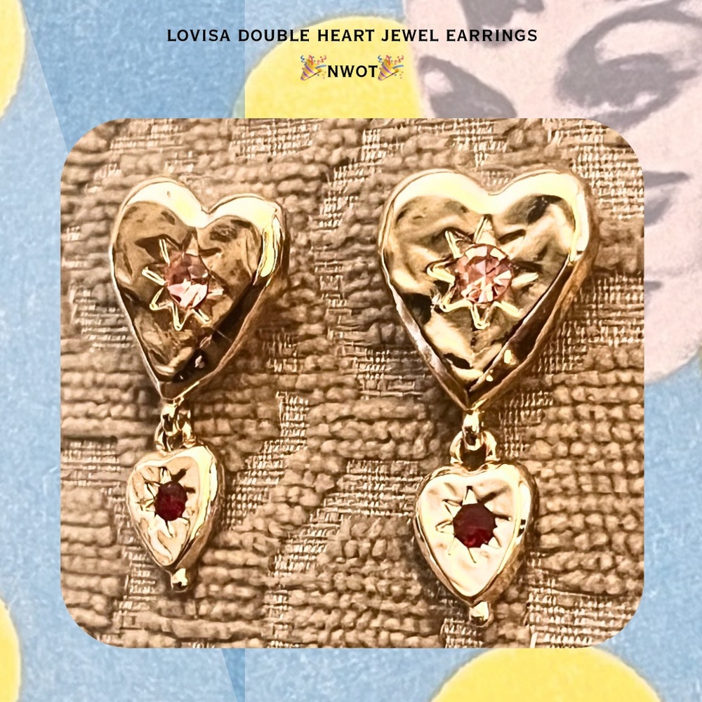 🎉🎉Lovisa Gold Double Heart 💕 Drop Earrings Pink & Red Jewels